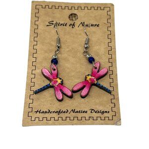 Handcrafted Native Designs Pink Dragonfly Earrings Spirit Of Nature 2.25" NEW